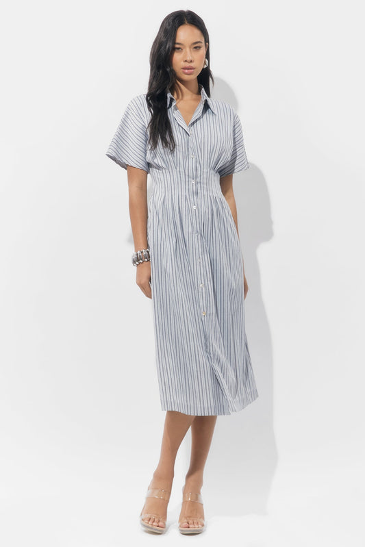 ADELYN RAE
AUDREY BUTTON UP PLEATED STRIPE SHIRT DRESS