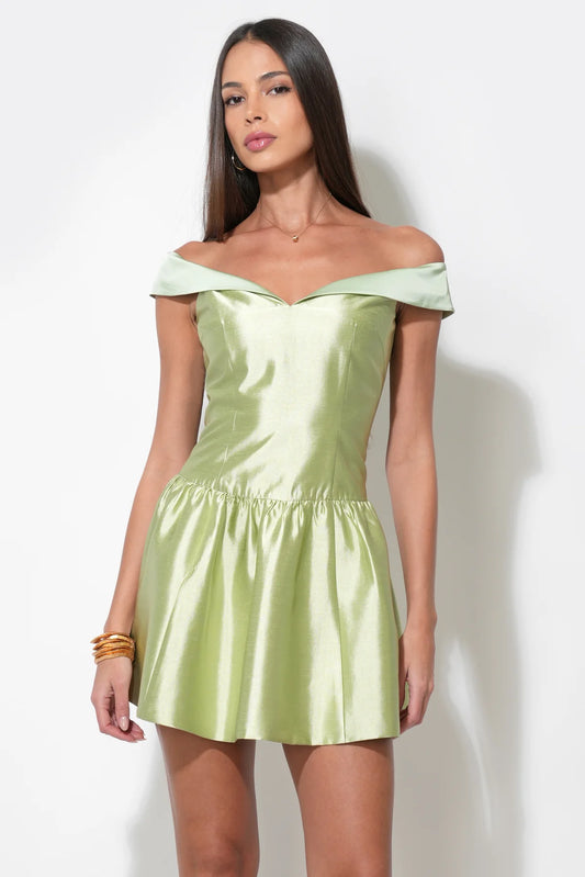 ADELYN RAE
DARCY OFF SHOULDER SATIN DROP WAIST MINI DRESS