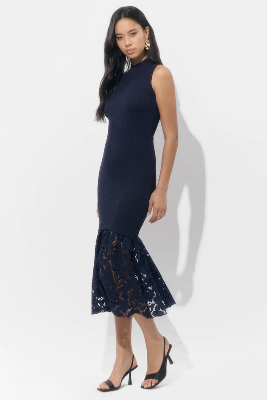 ADELYN RAE
BRIELLE MOCK NECK RIB KNIT LACE MIDI DRESS