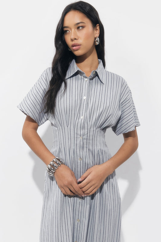 ADELYN RAE
AUDREY BUTTON UP PLEATED STRIPE SHIRT DRESS